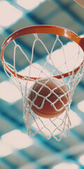 Fototapeta premium Basketball entering hoop in an indoor court with blurred background for sports success concept
