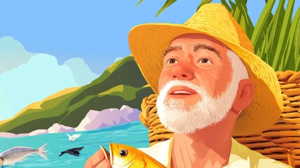 A joyful elderly man with a fish, surrounded by nature and water, evoking leisure and fishing.