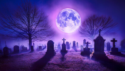 darkish cemetery with a purple history gravestones and a full moon glowing through fog creating a spooky halloween scene