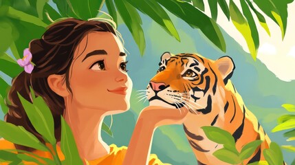 A girl interacts gently with a tiger amidst lush greenery, showcasing a bond with nature.