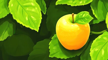 A vibrant yellow apple rests among lush green leaves, showcasing nature's beauty.