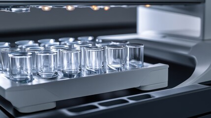A medium closeup of the spectrophotometers optical chamber highlighting the precision glass cuvettes inside with light beams visibly passing through the transparent samples illustrating