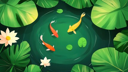 A serene pond scene featuring koi fish and lush lily pads.