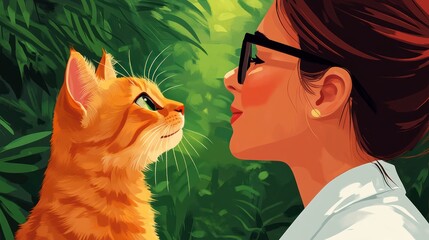 A woman gazes lovingly at a cat amidst lush greenery, showcasing a bond with nature.