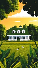 A serene illustration of a house surrounded by greenery and a sunset backdrop.