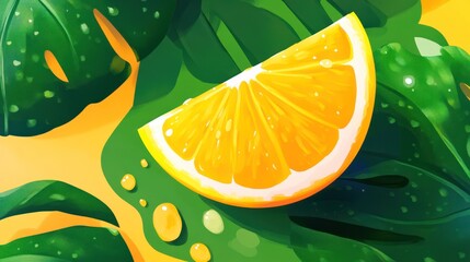 A vibrant illustration of a lemon slice on tropical leaves with droplets.
