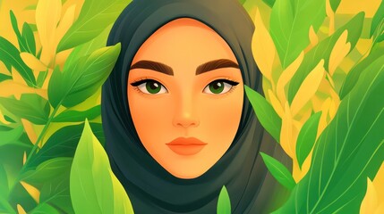 A digital illustration of a woman in a hijab surrounded by lush green foliage.