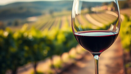 Close-Up of a Glass of Red Wine with Vineyard Background