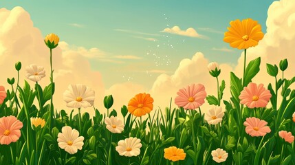 A vibrant field of colorful flowers under a bright sky with fluffy clouds.