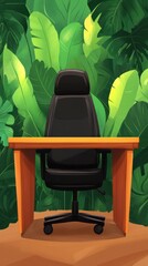 A modern office setup featuring a desk and chair against a lush green background.