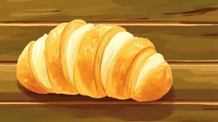 A golden croissant resting on a wooden surface, showcasing its flaky texture.