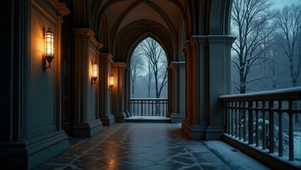Fototapeta premium Gothic design of Balcony On Winter, cinematic photography