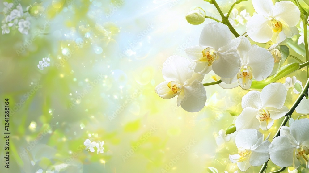 Poster delicate white orchids bloom gracefully, surrounded by lush greenery. soft sunlight filters through,