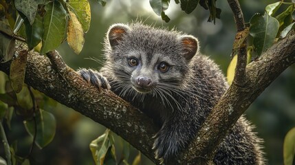 Binturong Hanging from Fig Tree with Prehensile Tail in Nature