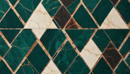Emerald and Ivory: A captivating geometric pattern created by emerald green and ivory marble tiles, the interplay of textures and shapes evokes a sense of sophistication and modern elegance.  