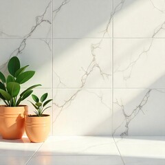 Sunlit Serenity: Two potted plants, vibrant green foliage contrasting against terracotta pots, sit serenely against a backdrop of elegant marble tiles bathed in sunlight.