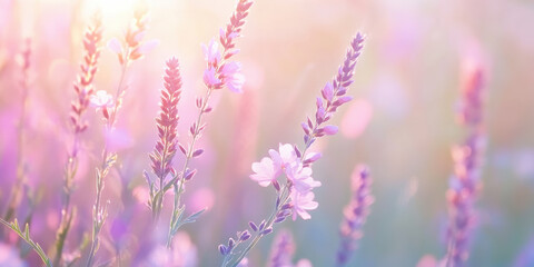 Naklejka premium Lavender flowers in dreamy pastel shades, soft focus meadow with gentle sunlight and serene atmosphere