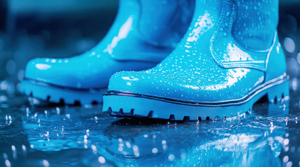 Blue rain boots with water droplets on wet surface, close up of waterproof footwear in rainy weather