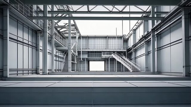 Spacious Modern Industrial Warehouse with Steel Framework, High Ceilings, and Open Interior Design for Manufacturing or Storage

