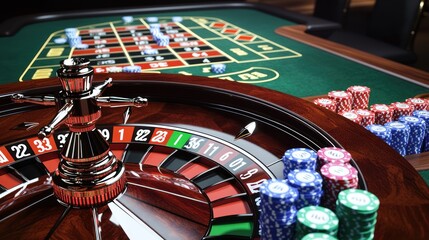 Close-up view of a roulette table with colorful chips and a spinning wheel in a casino setting