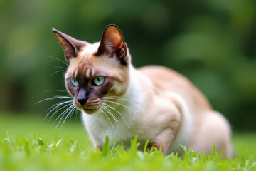 Siamese cat with striking blue eyes prowling through green grass