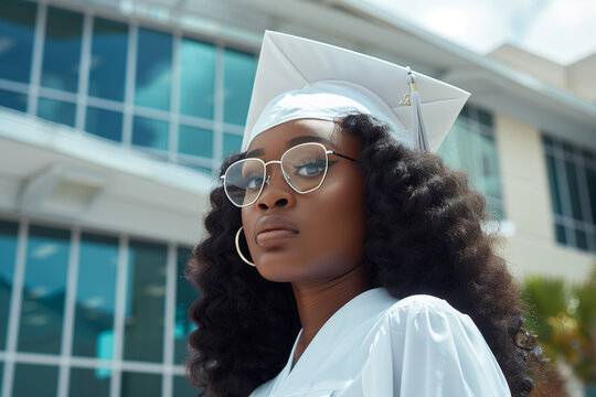 Young female student wearing glasses and a graduation cap stands in front of a school building. College woman looks serious and focused