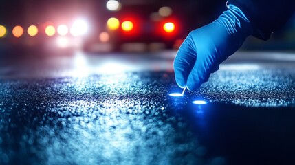Nighttime forensic investigation with a gloved hand collecting evidence on a wet road illuminated by car light