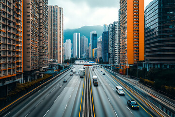 Fototapeta premium Wide Urban Highway with City Buildings – Modern Cityscape View