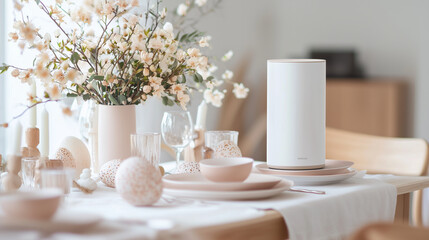 Easter Dinner Table Setting with Spring Flowers and Pastel Tableware