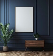 A mockup of an empty, blank poster frame on the wall, a wooden TV stand with plants beside it, a dark blue background, simple and minimalistic, with a wooden floor.