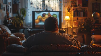 Overweight person sitting on a couch, watching television, highlighting the sedentary lifestyle associated with obesity.