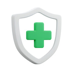 Obraz premium Clean modern 3D rendered white shield featuring a prominent bright green medical cross symbol, concept for healthcare applications, digital security and medical insurance services