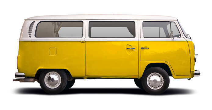 VW Transporter T2 classic van camper  with yellow and white color side view isolated. PNG	
