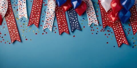 Fototapeta premium Colorful decorations with ribbons, confetti, and stars for a festive celebration in a joyful atmosphere