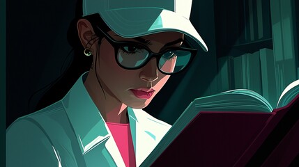 Woman reading book library study focus