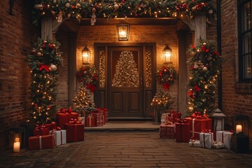 Festive Christmas Front Door Decorated with Lights, Wreaths, and Garlands Leading to an Open Doorway Surrounded by Presents. A Warm and Inviting Holiday Scene with a Lit Tree and Lanterns.
