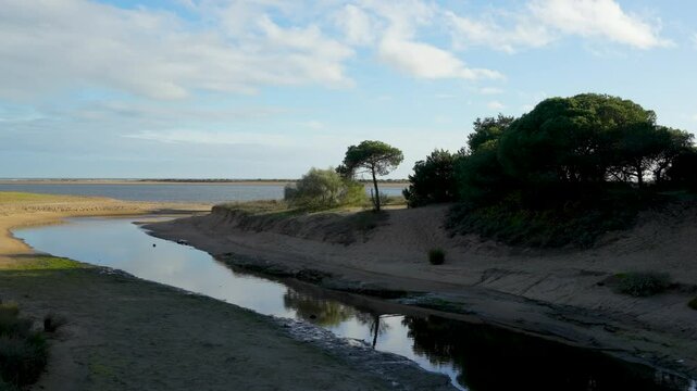Ca&ntilde;o de la Culata. Natural Paradise in Huelva. (Andalusia) a small stream flows into the Piedras River, in the distance you can see the Atlantic Ocean. 4k video at 50 fps. vacations, travel concepts.