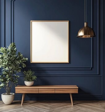 Naklejki A mockup of an empty, blank poster frame on the wall in a dark blue-colored living room with a wooden console and a potted plant. The wooden floor and natural lighting create a hyper-realistic scene.