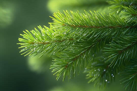 Dewy Pine Branches Bask In Soft Sunlight