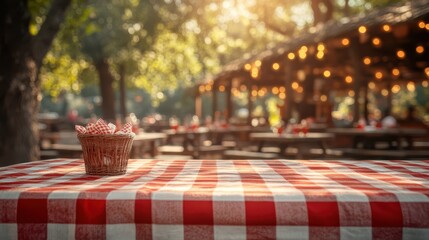 Wooden picnic table with checkered cloth under warm glowing string lights, inviting evening atmosphere