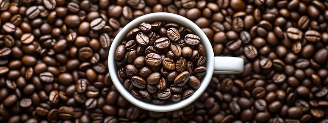 Fototapeta premium A cup of coffee sits atop a large pile of whole coffee beans 