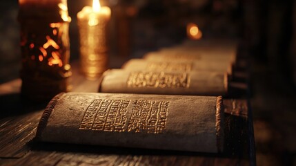 Ancient scrolls with intricate inscriptions illuminated by candlelight in a rustic setting