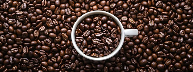 Fototapeta premium A cup of coffee sits atop a large pile of whole coffee beans 