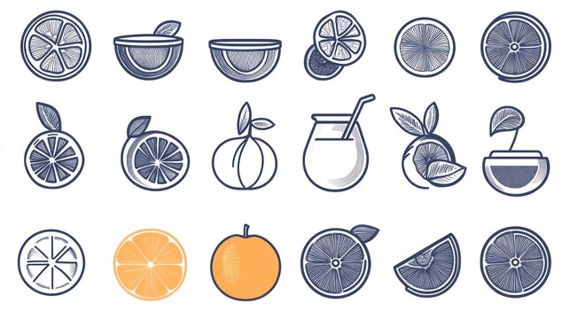 Orange slices, juice, and whole oranges; citrus icons for food blog