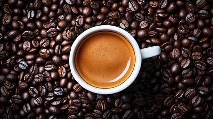 Fototapeta premium A cup of coffee sits atop a large pile of whole coffee beans 