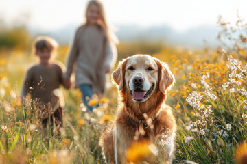Happy family with kids walking their pet golden retriever dog in the spring meadow. Active spring holidays