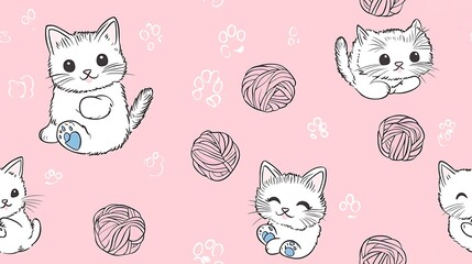 Obraz premium Cute cartoon cats playing with yarn pattern