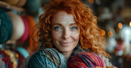 Fototapeta premium Young woman with bright red curly hair and blue eyes smiling while holding colorful yarn balls in craft store, close up portrait with soft bokeh background.