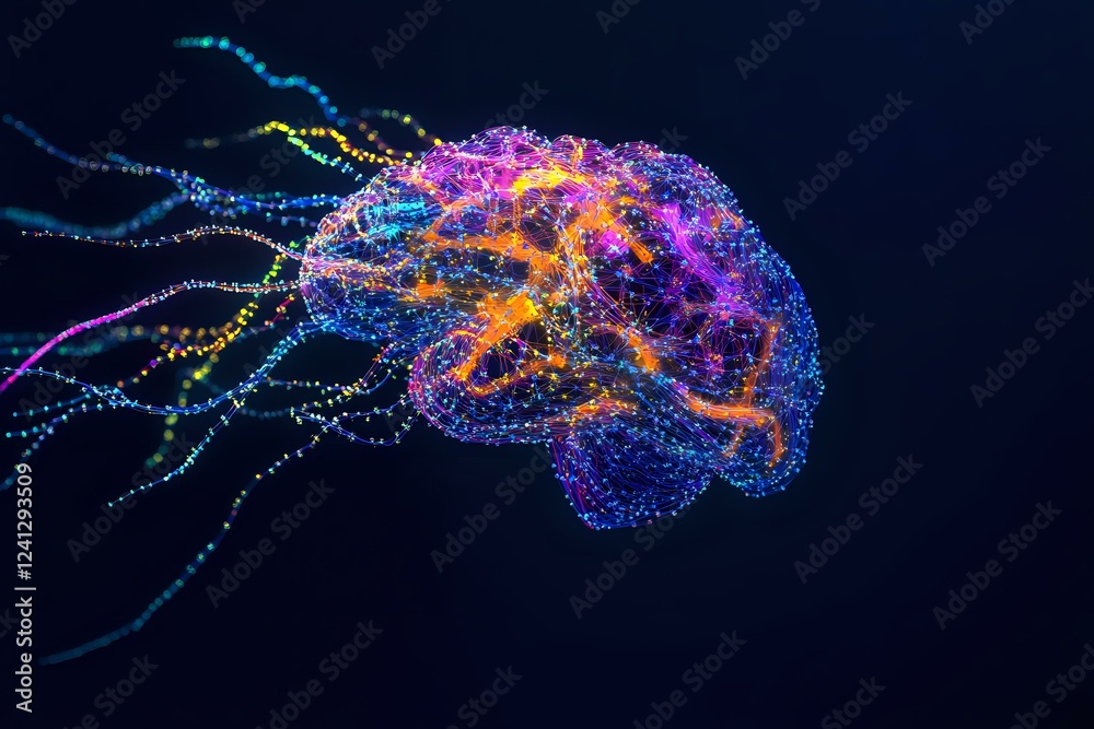 Poster glowing neural network in shape of human brain with colorful particle streams showing synaptic conne