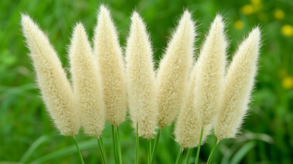 Obraz premium Fluffy white grass plumes stand tall against vibrant green background, creating serene and natural atmosphere. soft texture adds touch of elegance to landscape